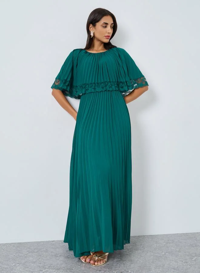 Styli Teal Lace Trim Pleated Maxi Evening Dress