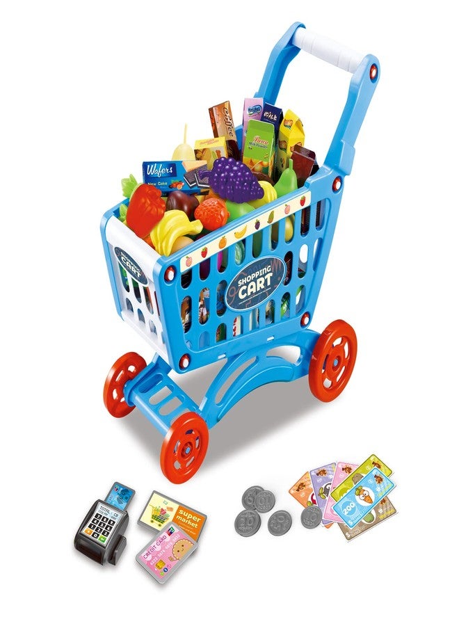 RedCrab Kids Shopping Cart Toy Supermarket 54pcs Playset Included Grocery Cart Toy,Credit Card Pretend Fruit Vegetables Shop Accessories for Boy Girl Kid (Blue) - Image 1