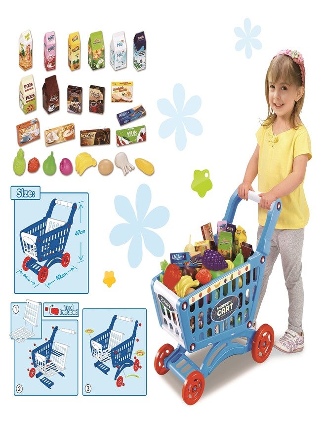 RedCrab Kids Shopping Cart Toy Supermarket 54pcs Playset Included Grocery Cart Toy,Credit Card Pretend Fruit Vegetables Shop Accessories for Boy Girl Kid (Blue) - Image 2