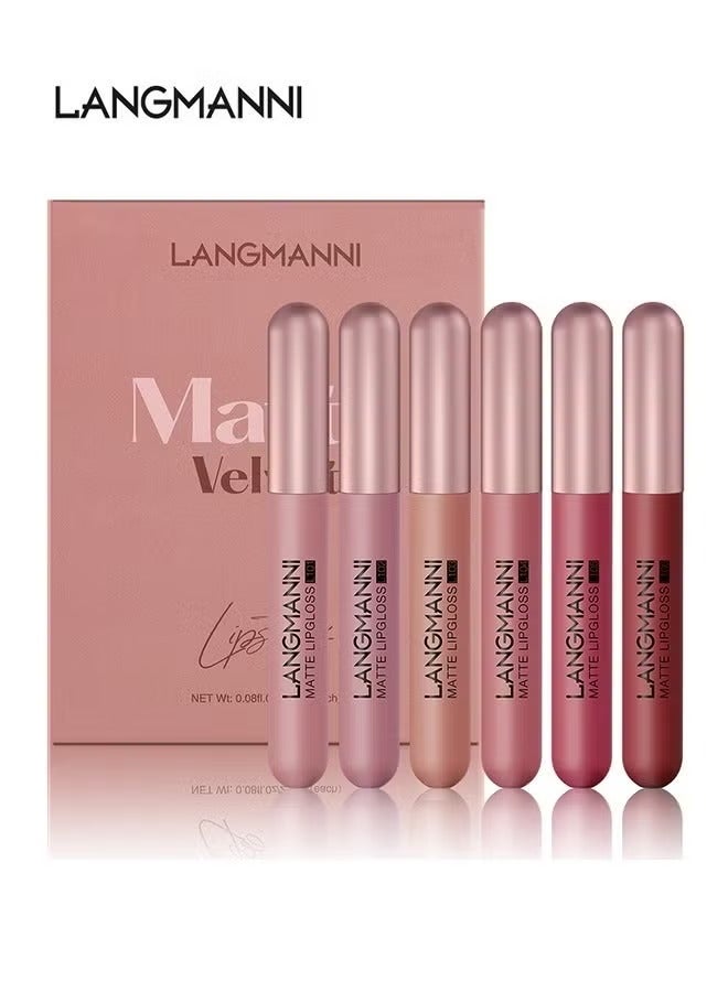 لانجمانّي ماتي مخملية 6 ألوان عارية أحمر الشفاه مجموعة السائل أحمر الشفاه مخملية الشفاه لامعة بقعة الشفاه طويلة الأمد للماء عارية الوردي أحمر الشفاه مجموعة للنساء ماكياج الشفاه مجموعات - Image 2