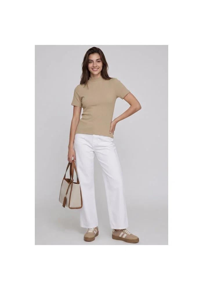 أر أند بي Ribbed Top with Mock Neck and Short Sleeves
