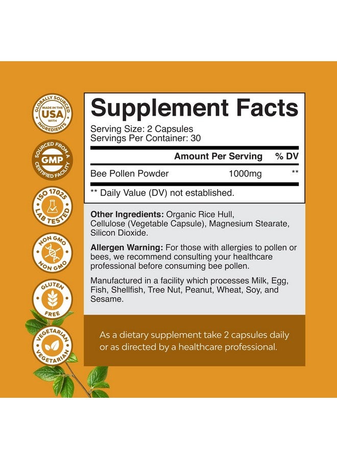 Natures Craft Bee Pollen Supplement 1000mg per Serving - Pure Capsules with Naturally Occurring B Vitamins Minerals & Enzymes Pills Made Vegetarian Non-GMO Gluten Free (30 Servings) - Image 3