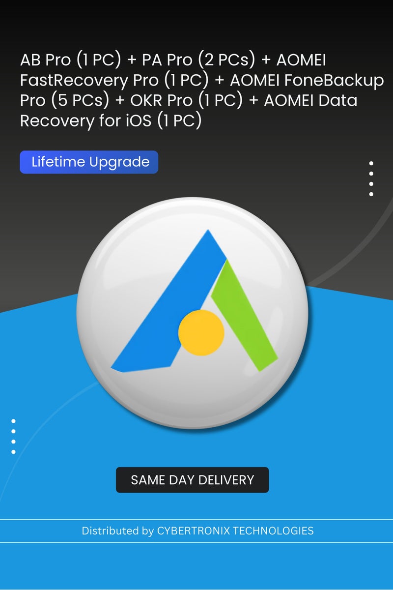 AB Pro( 1 PC)+PA Pro(2 PCs)+AOMEI FastRecovery Pro(1 PC)+AOMEI FoneBackup Pro(5 PCs)+OKR Pro(1 PC)+AOMEI Data Recovery for iOS(1 PC) |  Lifetime Upgrade | Digital License | SAME DAY DELIVERY