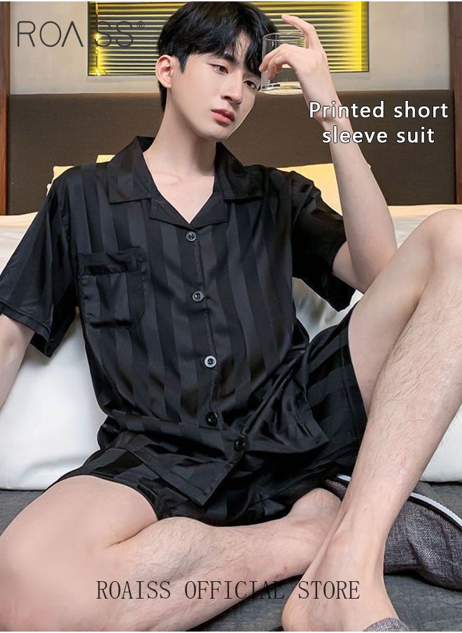 roaiss Men's 2 Piece Loungewear Set Black Striped Short Sleeves & Shorts Ice Silk Pajamas Comfortable Skin Friendly Fabric Ideal for Home & Outdoor Wear  - Image 1