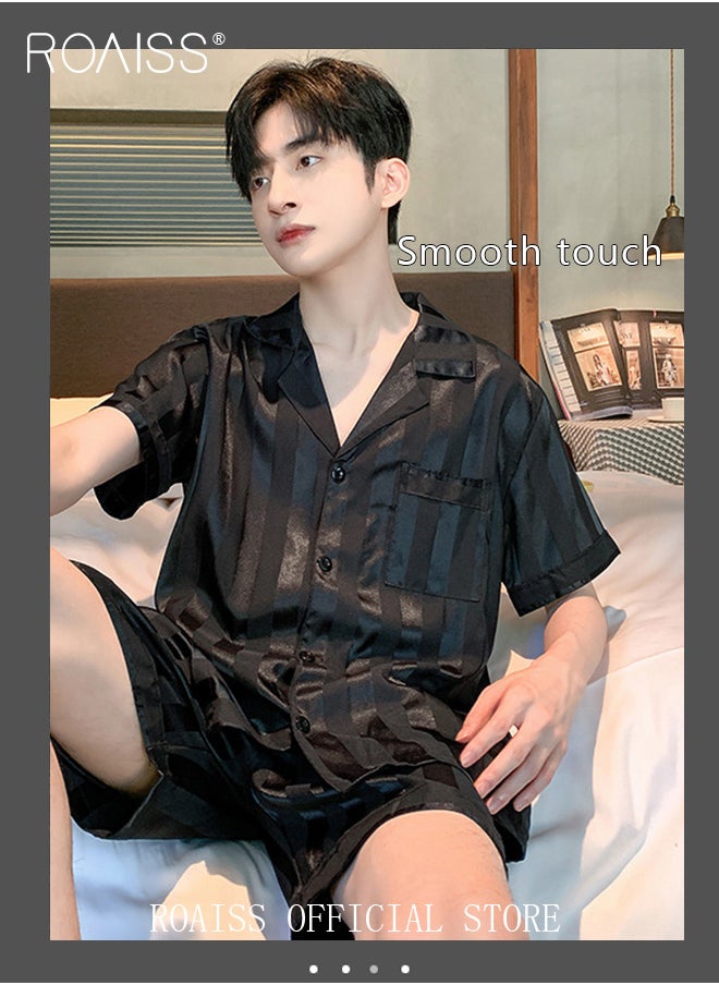 roaiss Men's 2 Piece Loungewear Set Black Striped Short Sleeves & Shorts Ice Silk Pajamas Comfortable Skin Friendly Fabric Ideal for Home & Outdoor Wear  - Image 5