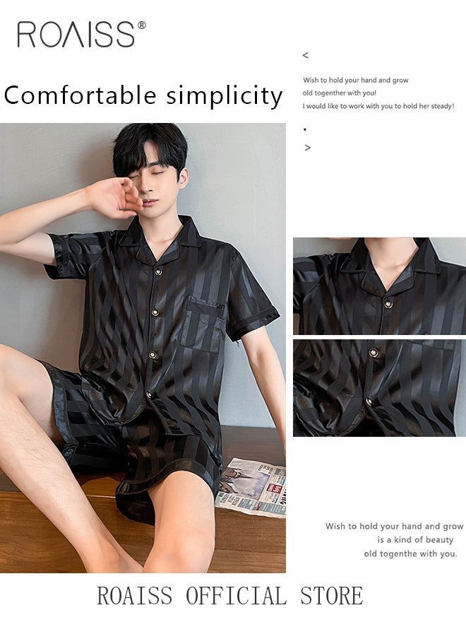 roaiss Men's 2 Piece Loungewear Set Black Striped Short Sleeves & Shorts Ice Silk Pajamas Comfortable Skin Friendly Fabric Ideal for Home & Outdoor Wear  - Image 4