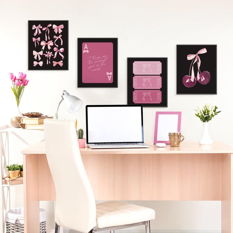 ETVISO Pink and Black Room Decor, Coquette Pink and Black Bow Wall Art Posters Set of 4, Dorm Decor for College Girls, Bow Room Bedroom Bathroom Wall Art Decor Aesthetic 8x10(Unframed) - Image 3