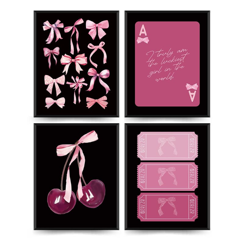 ETVISO Pink and Black Room Decor, Coquette Pink and Black Bow Wall Art Posters Set of 4, Dorm Decor for College Girls, Bow Room Bedroom Bathroom Wall Art Decor Aesthetic 8x10(Unframed) - Image 1