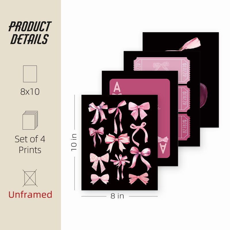 ETVISO Pink and Black Room Decor, Coquette Pink and Black Bow Wall Art Posters Set of 4, Dorm Decor for College Girls, Bow Room Bedroom Bathroom Wall Art Decor Aesthetic 8x10(Unframed) - Image 4