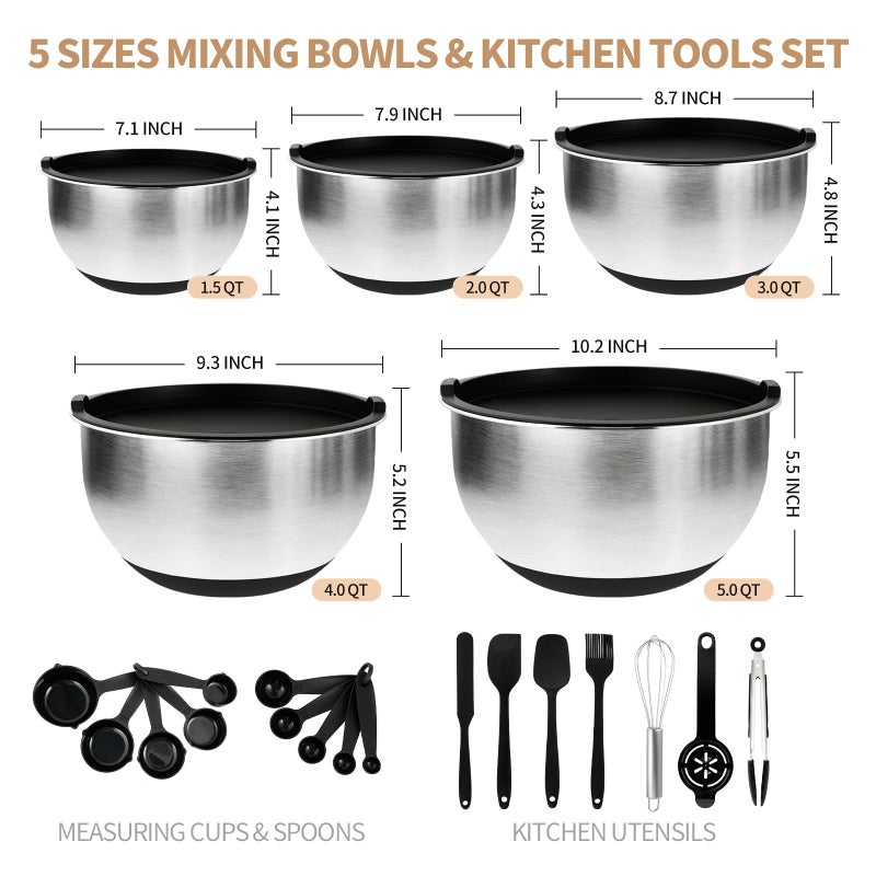 Deedro Premium Mixing Bowls with Airtight Lids Set, 22Pcs Thicker Stainless Steel Mixing Bowl Set, Large Prep Metal Bowls, Non-Slip Silicone Base Nesting Bowls for Kitchen, 1.5/2/3/4/5 QT, Black - Image 3