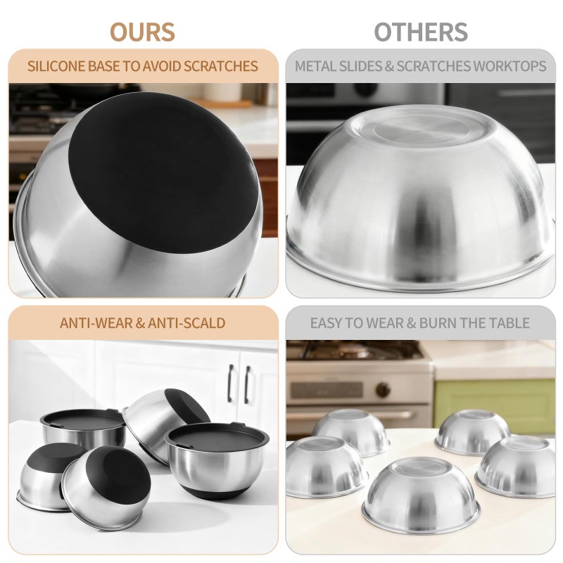Deedro Premium Mixing Bowls with Airtight Lids Set, 22Pcs Thicker Stainless Steel Mixing Bowl Set, Large Prep Metal Bowls, Non-Slip Silicone Base Nesting Bowls for Kitchen, 1.5/2/3/4/5 QT, Black - Image 4