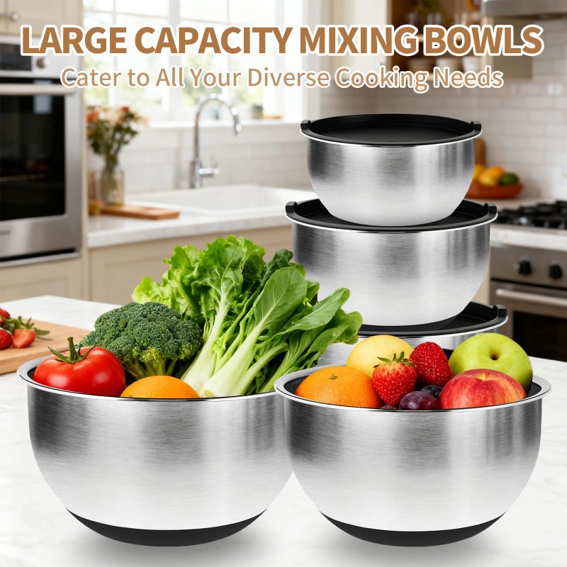 Deedro Premium Mixing Bowls with Airtight Lids Set, 22Pcs Thicker Stainless Steel Mixing Bowl Set, Large Prep Metal Bowls, Non-Slip Silicone Base Nesting Bowls for Kitchen, 1.5/2/3/4/5 QT, Black - Image 2