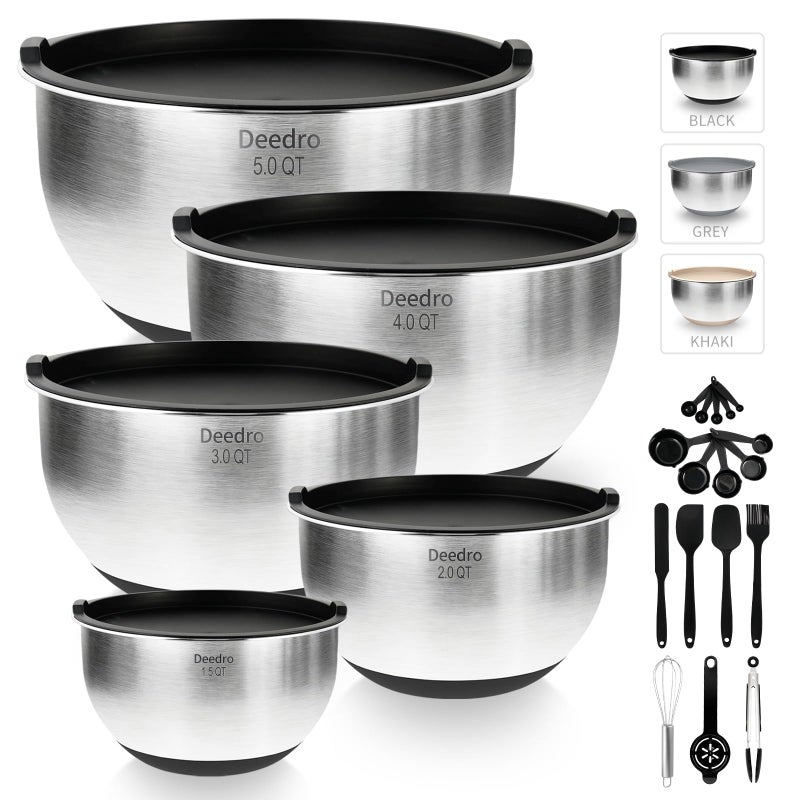 Deedro Premium Mixing Bowls with Airtight Lids Set, 22Pcs Thicker Stainless Steel Mixing Bowl Set, Large Prep Metal Bowls, Non-Slip Silicone Base Nesting Bowls for Kitchen, 1.5/2/3/4/5 QT, Black - Image 1