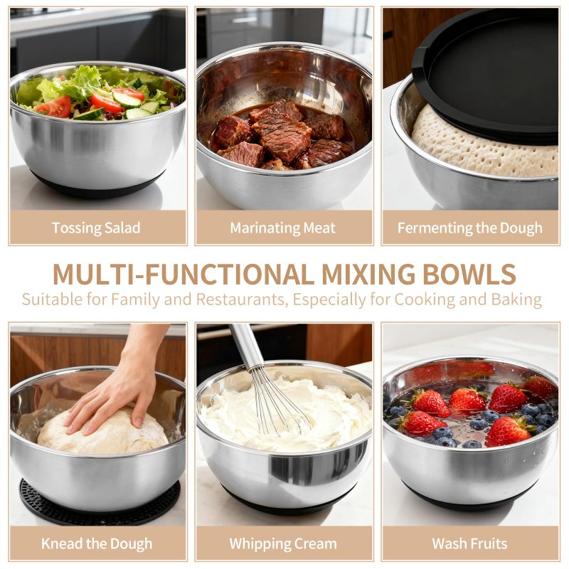 Deedro Premium Mixing Bowls with Airtight Lids Set, 22Pcs Thicker Stainless Steel Mixing Bowl Set, Large Prep Metal Bowls, Non-Slip Silicone Base Nesting Bowls for Kitchen, 1.5/2/3/4/5 QT, Black - Image 5