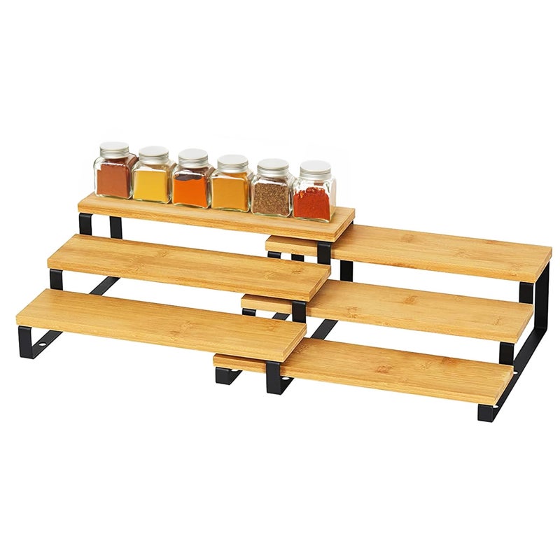 RoyalHouse Bamboo and Metal Expandable Spice Rack Organizer, Cabinet Shelf Organizers, 3-Tier Adjustable Kitchen Cabinet, Countertop Display Shelf, Space Organizer for Kitchen and Bathroom - Image 1