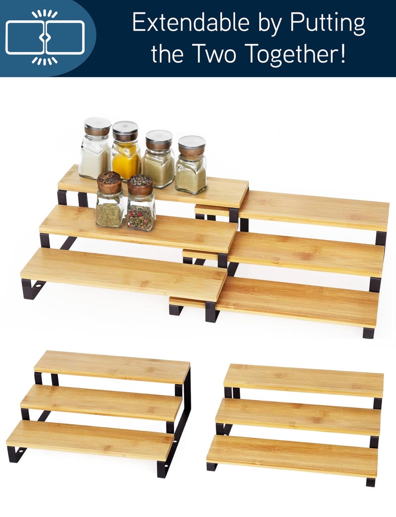 RoyalHouse Bamboo and Metal Expandable Spice Rack Organizer, Cabinet Shelf Organizers, 3-Tier Adjustable Kitchen Cabinet, Countertop Display Shelf, Space Organizer for Kitchen and Bathroom - Image 2