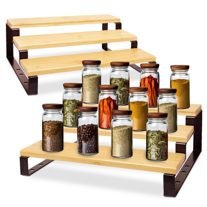 RoyalHouse Bamboo and Metal Expandable Spice Rack Organizer, Cabinet Shelf Organizers, 3-Tier Adjustable Kitchen Cabinet, Countertop Display Shelf, Space Organizer for Kitchen and Bathroom - Image 3