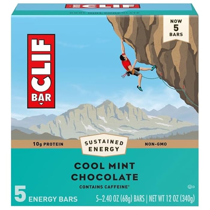 CLIF BAR - Cool Mint Chocolate with Caffeine - Made with Organic Oats - 10g Protein - Non-GMO - Plant Based - Energy Bars - 2.4 oz. (5 Pack)