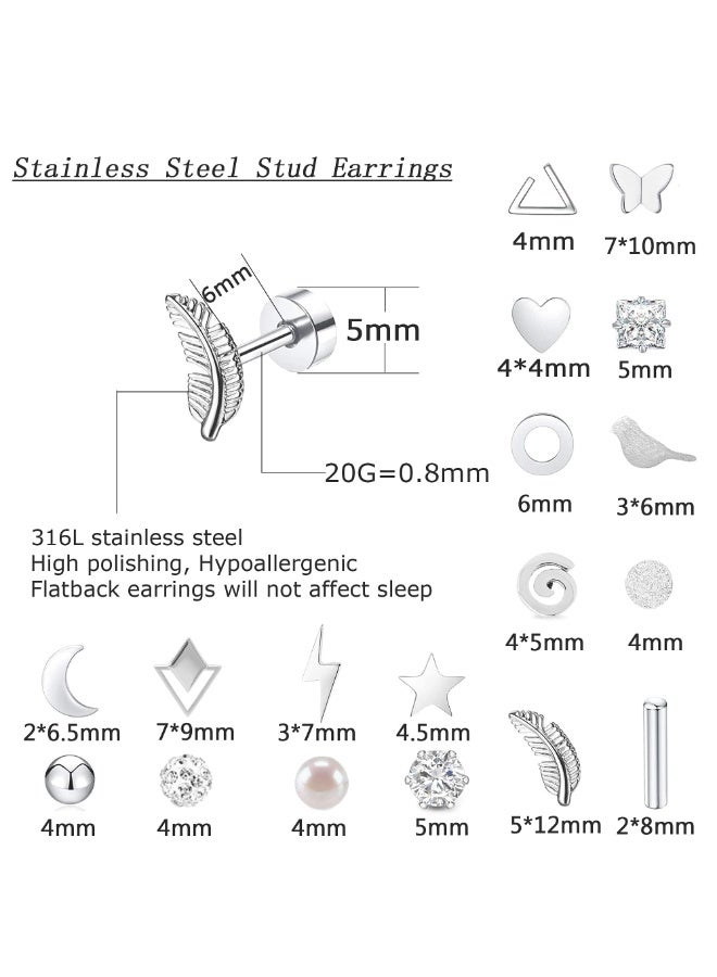 18 Pairs Titanium Steel Stud Cartilage Earrings Set, Hypoallergenic, Multiple Designs for Men and Women - Image 3