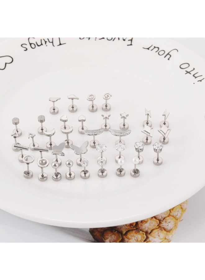 18 Pairs Titanium Steel Stud Cartilage Earrings Set, Hypoallergenic, Multiple Designs for Men and Women - Image 2
