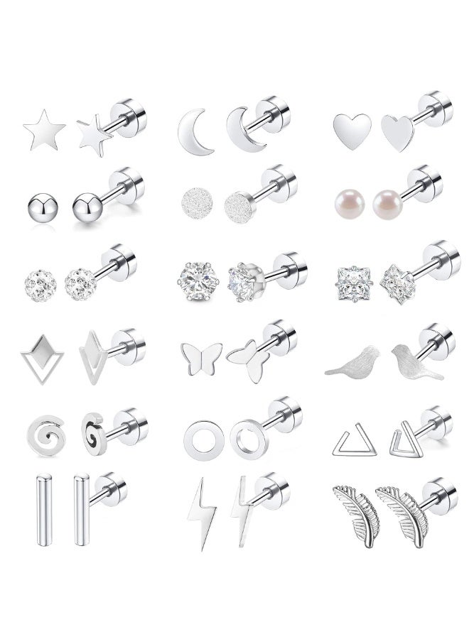 18 Pairs Titanium Steel Stud Cartilage Earrings Set, Hypoallergenic, Multiple Designs for Men and Women - Image 1