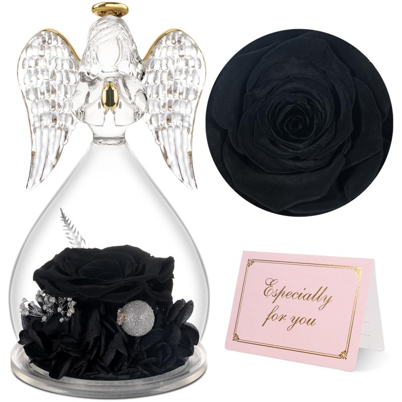 Yamonic Mom Birthday Gifts for MomAngel Figurines with Real Rose Gifts for Her Mom GrandmaPreserved Flowers Rose Angel Figurines for Mothers Day Christmas Anniversary Birthday Gifts for WifeYellow