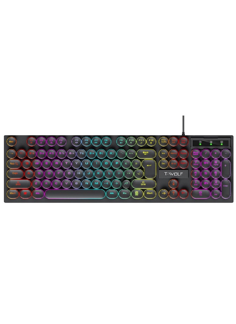 T-WOLF - 104 Round Key Wired Keyboard Membrane with Rainbow Backlight Effect for Office Laptop PC Gaming - Image 1