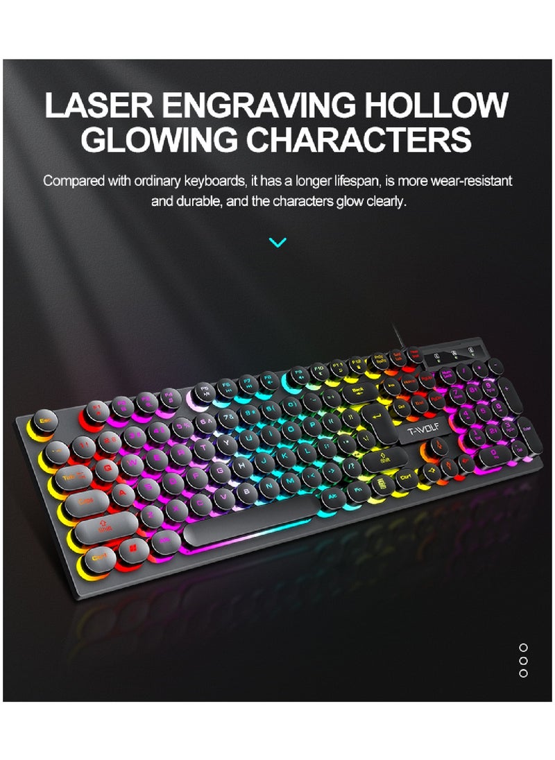 T-WOLF - 104 Round Key Wired Keyboard Membrane with Rainbow Backlight Effect for Office Laptop PC Gaming - Image 1