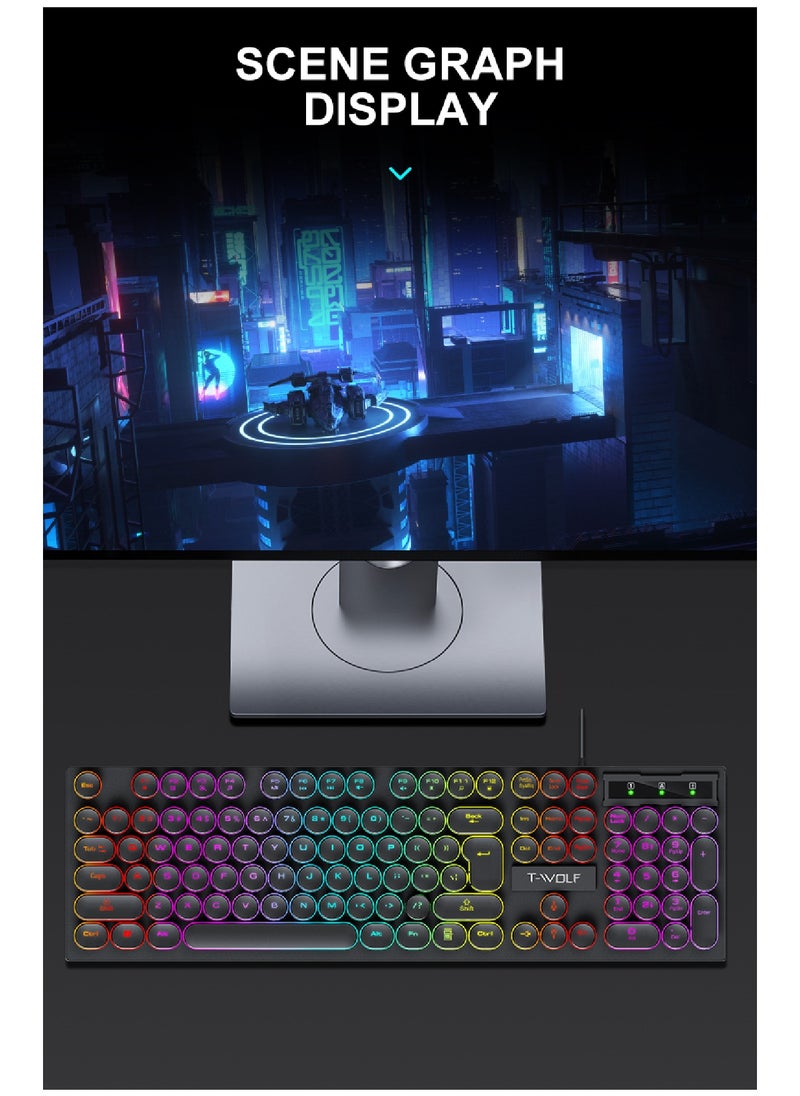 T-WOLF - 104 Round Key Wired Keyboard Membrane with Rainbow Backlight Effect for Office Laptop PC Gaming - Image 1