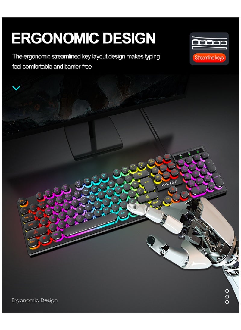 T-WOLF - 104 Round Key Wired Keyboard Membrane with Rainbow Backlight Effect for Office Laptop PC Gaming - Image 1