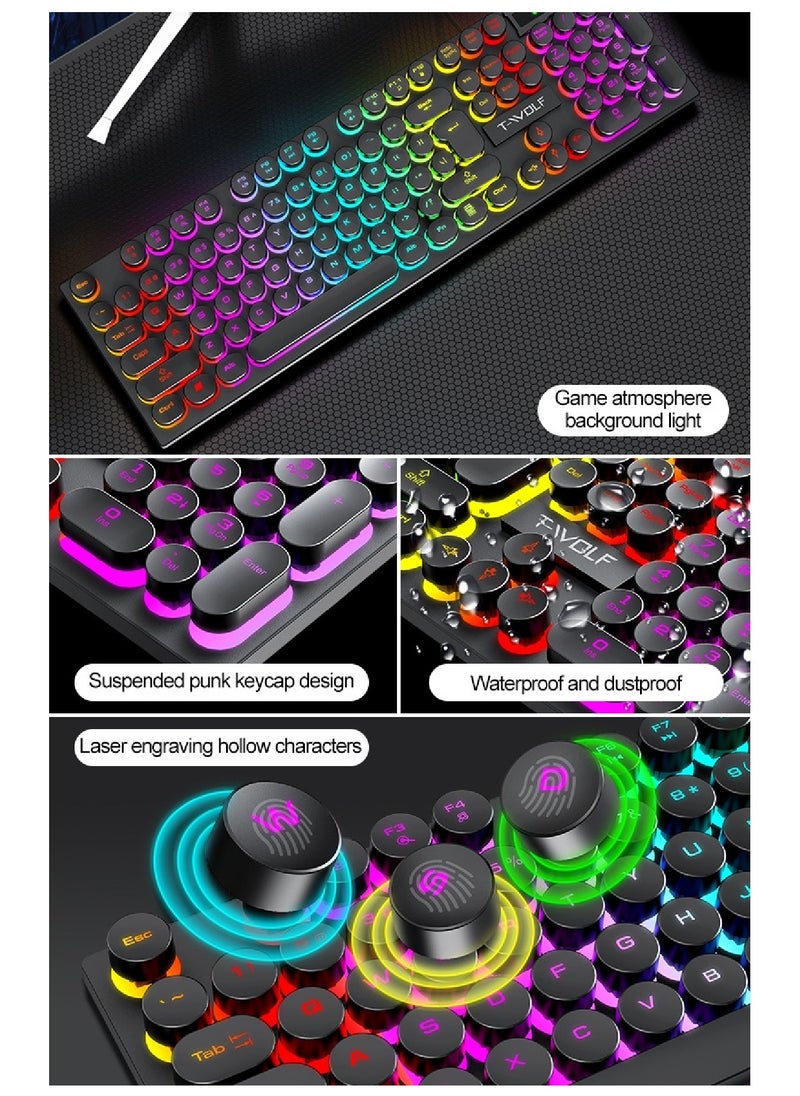 T-WOLF - 104 Round Key Wired Keyboard Membrane with Rainbow Backlight Effect for Office Laptop PC Gaming - Image 1