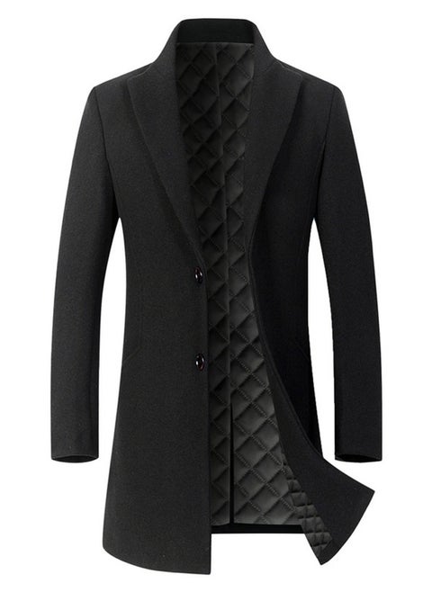 Men's Woolen Casual Coat Slim Fit Suit Collar Mid Lenght Jacket Overcoat With Thick Inner Linning Black