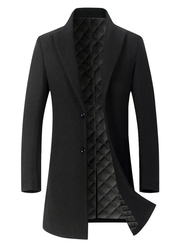 Loquat - Men's Woolen Casual Coat Slim Fit Suit Collar Mid Lenght Jacket Overcoat With Thick Inner Linning Black - Image 1