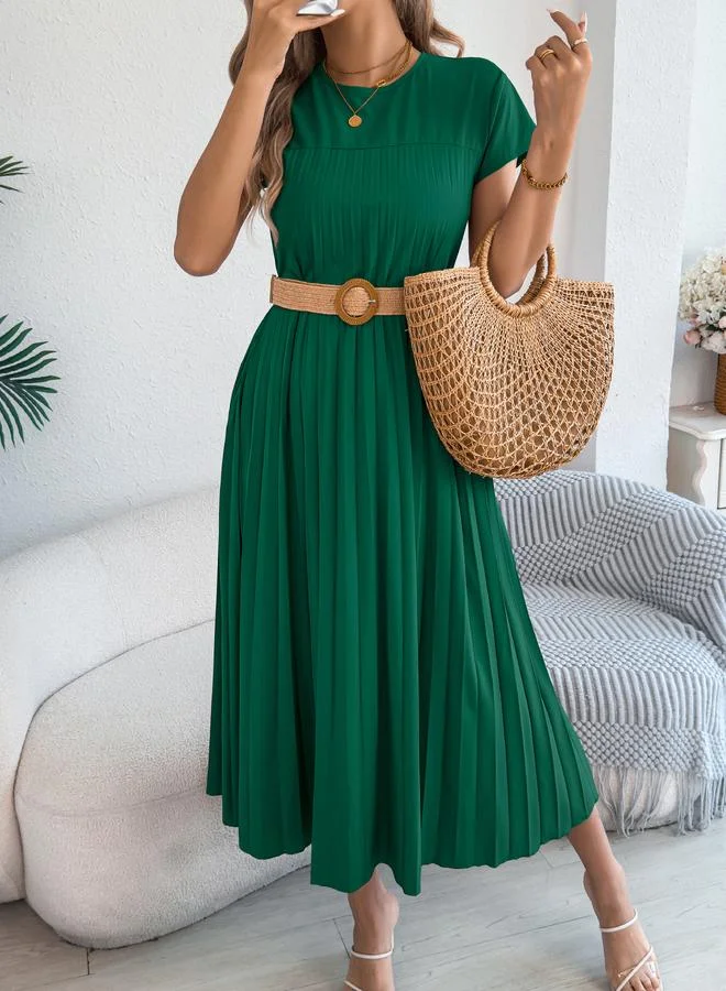 تايك تو Dark Green Pleated A-Line Midi Dress with Short Sleeves