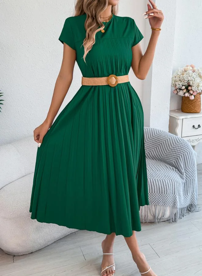 تايك تو Dark Green Pleated A-Line Midi Dress with Short Sleeves