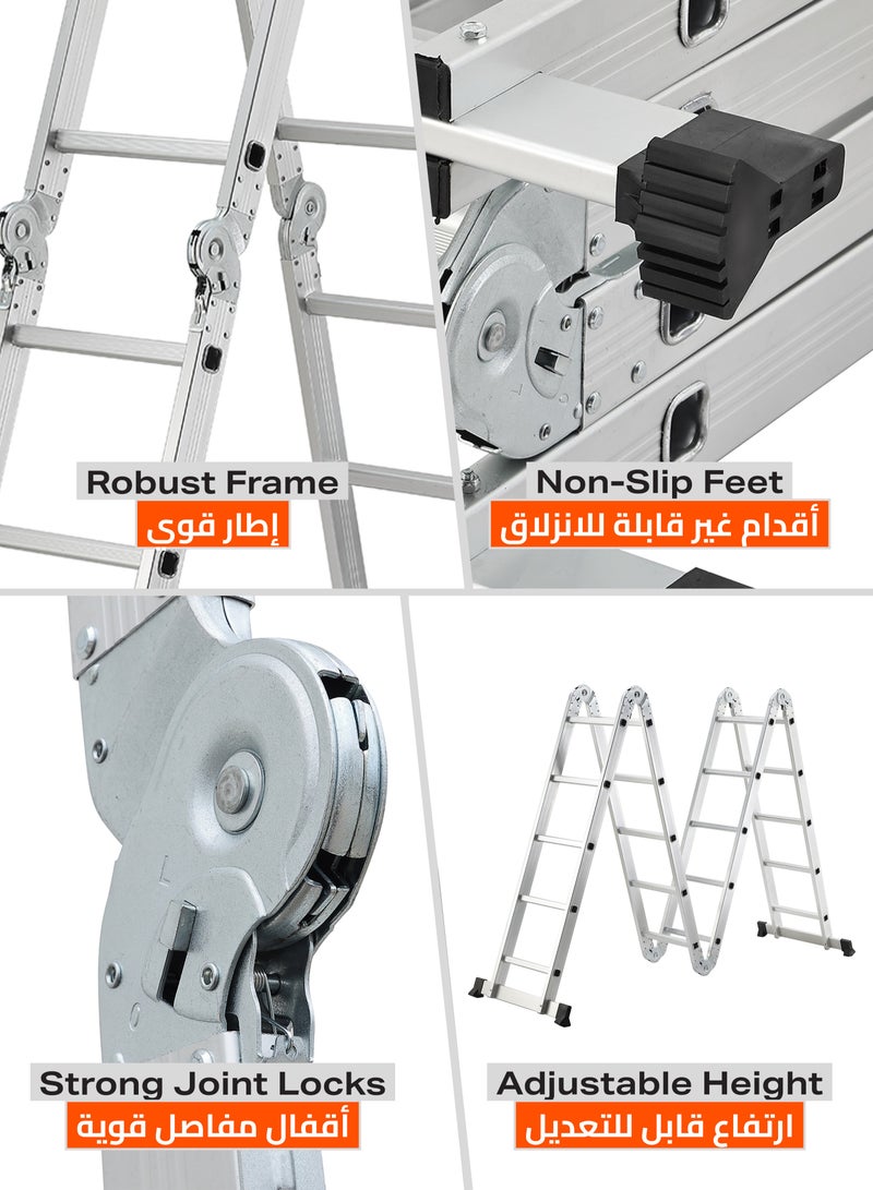 لوازم سلم قابل للطي - 6.7 متر - سلم خفيف الوزن وقابل للتعديل يمكن استخدامه كسلم عادي، سلم طويل، سلم مستقيم للحائط، أو وضع مسطح للعمل، مزود بقواعد مانعة للانزلاق وأقفال أمان - مناسب للاستخدام في المنزل، الدهان، التنظيف، الاصلاحات المنزلية، والصيانة الداخلية والخارجية. - Image 3