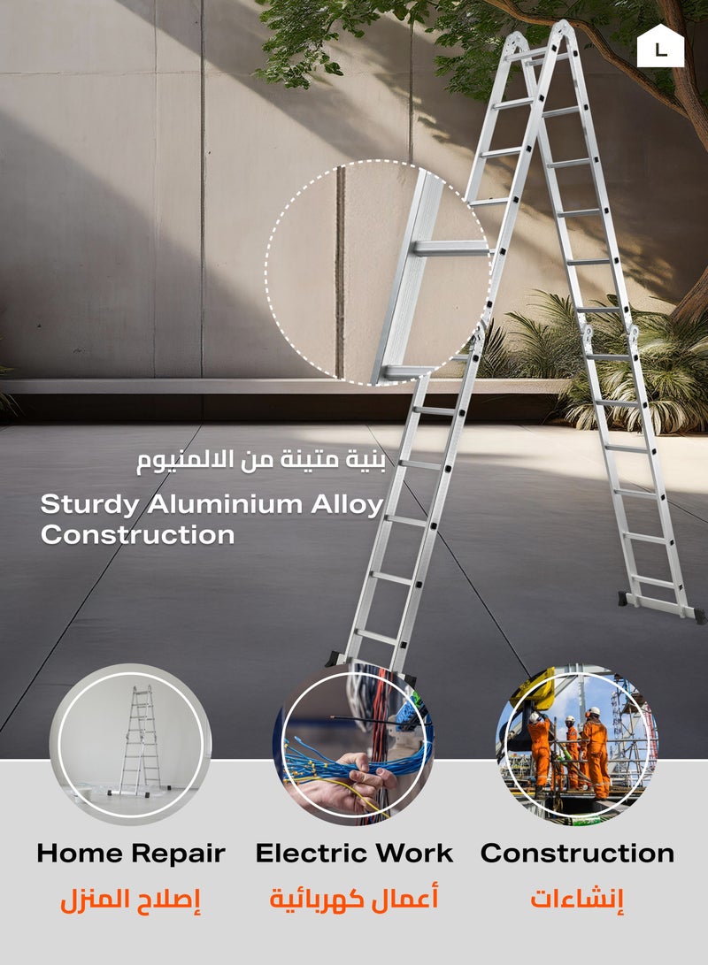 لوازم سلم قابل للطي - 6.7 متر - سلم خفيف الوزن وقابل للتعديل يمكن استخدامه كسلم عادي، سلم طويل، سلم مستقيم للحائط، أو وضع مسطح للعمل، مزود بقواعد مانعة للانزلاق وأقفال أمان - مناسب للاستخدام في المنزل، الدهان، التنظيف، الاصلاحات المنزلية، والصيانة الداخلية والخارجية. - Image 5