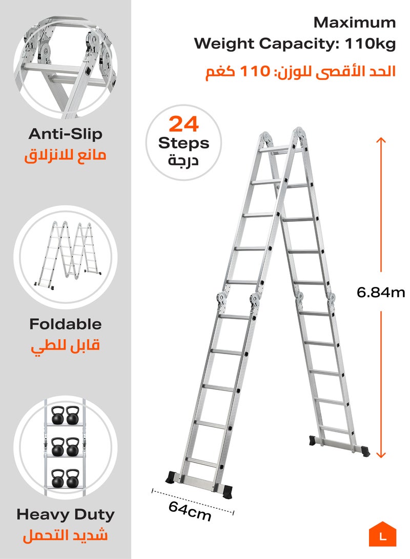 لوازم سلم قابل للطي - 6.7 متر - سلم خفيف الوزن وقابل للتعديل يمكن استخدامه كسلم عادي، سلم طويل، سلم مستقيم للحائط، أو وضع مسطح للعمل، مزود بقواعد مانعة للانزلاق وأقفال أمان - مناسب للاستخدام في المنزل، الدهان، التنظيف، الاصلاحات المنزلية، والصيانة الداخلية والخارجية. - Image 2