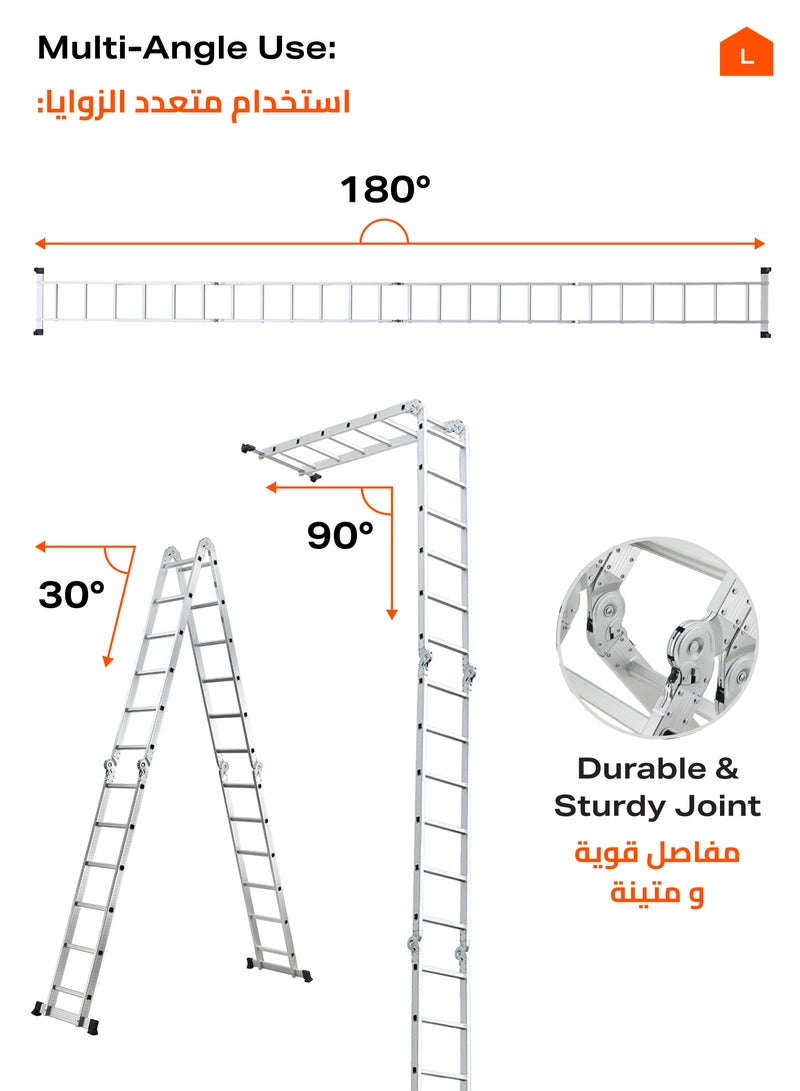 لوازم سلم قابل للطي - 6.7 متر - سلم خفيف الوزن وقابل للتعديل يمكن استخدامه كسلم عادي، سلم طويل، سلم مستقيم للحائط، أو وضع مسطح للعمل، مزود بقواعد مانعة للانزلاق وأقفال أمان - مناسب للاستخدام في المنزل، الدهان، التنظيف، الاصلاحات المنزلية، والصيانة الداخلية والخارجية. - Image 4