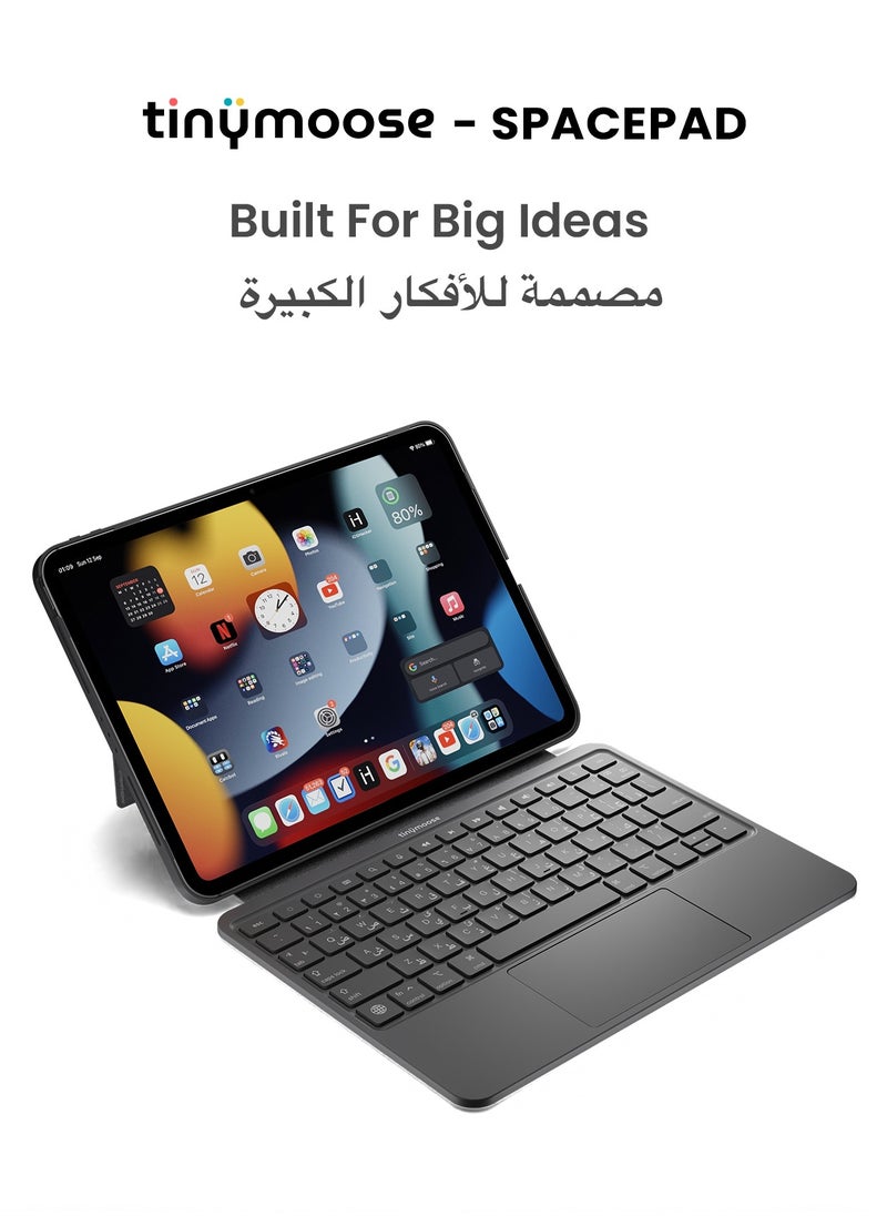 TinyMoose - SpacePad Magic Keyboard for iPad – 3-Way Multi-Touchpad, 7-Color Backlit, Scissor Keys, Detachable Design, Bluetooth 5.0 – Compatible with iPad Pro 12.9 2018-2022 / iPad Air 13 2024 – Carbon Black – Supports English & Arabic - Image 1