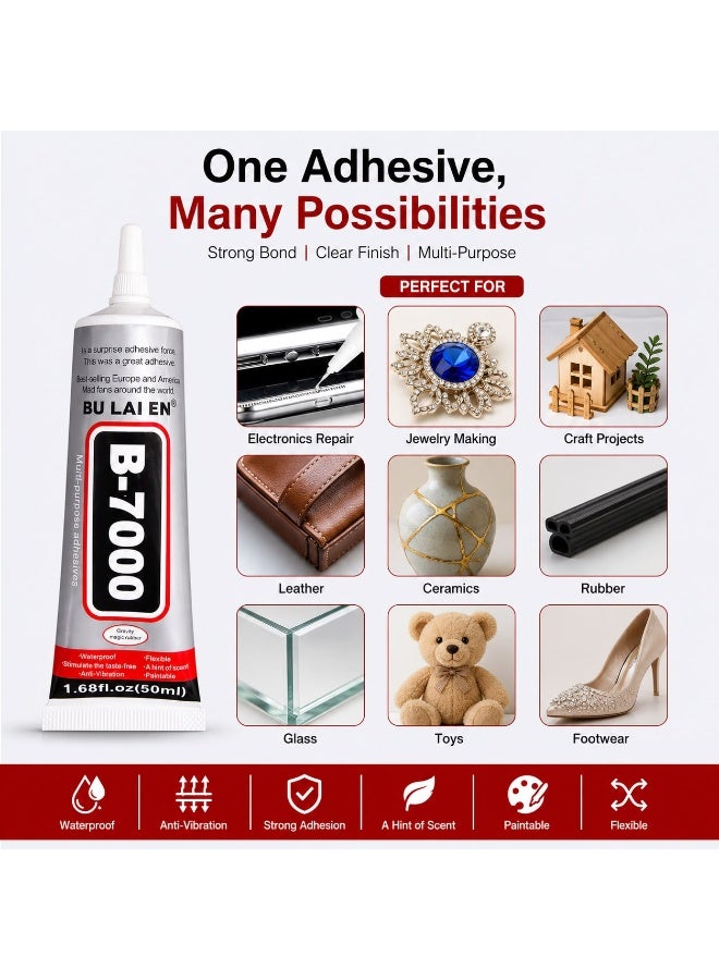 Bulaien B-7000 Super Glue 2 x 50ml, Clear Heavy Duty Multipurpose Adhesive for Rhinestones, Crafts, Fabric, Clothes, Shoes, Jewelry, Wood, Plastic, Metal, Glass and Leather - Image 4