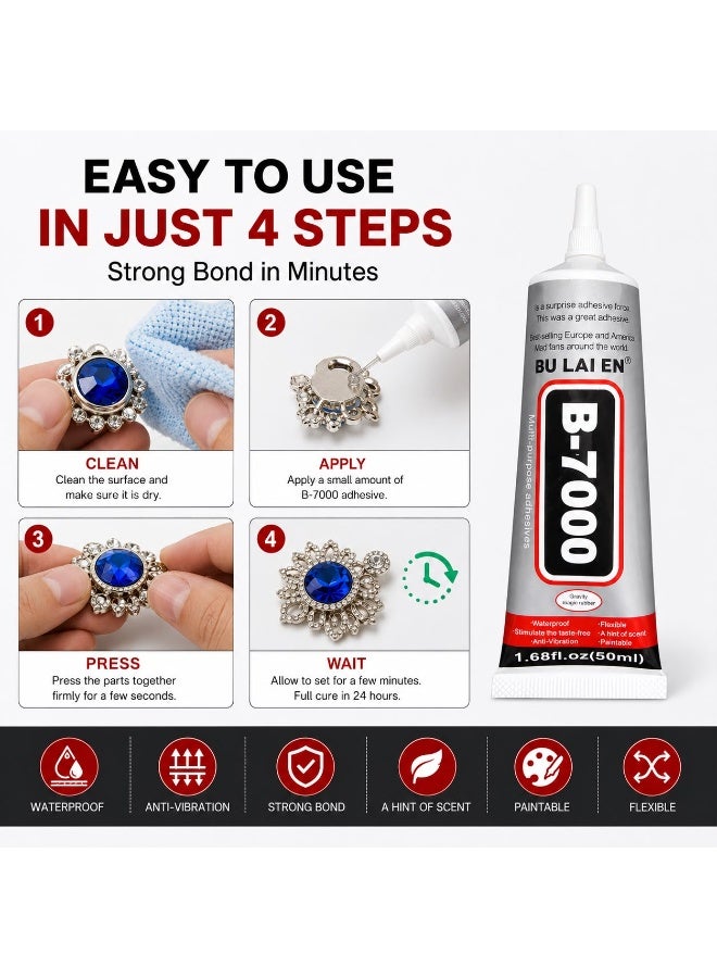Bulaien B-7000 Super Glue 2 x 50ml, Clear Heavy Duty Multipurpose Adhesive for Rhinestones, Crafts, Fabric, Clothes, Shoes, Jewelry, Wood, Plastic, Metal, Glass and Leather - Image 3