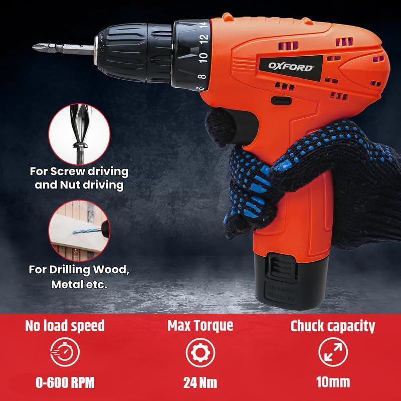 OXFORD O-3750 12V Cordless Drill/Screwdriver | 10mm Keyless Chuck, 600 RPM, 24 Nm Torque, 18+1 Settings | 1×1.5 Ah Battery, LED Light | Ideal for DIY, Wood, Metal & Plastic Drilling - Image 2