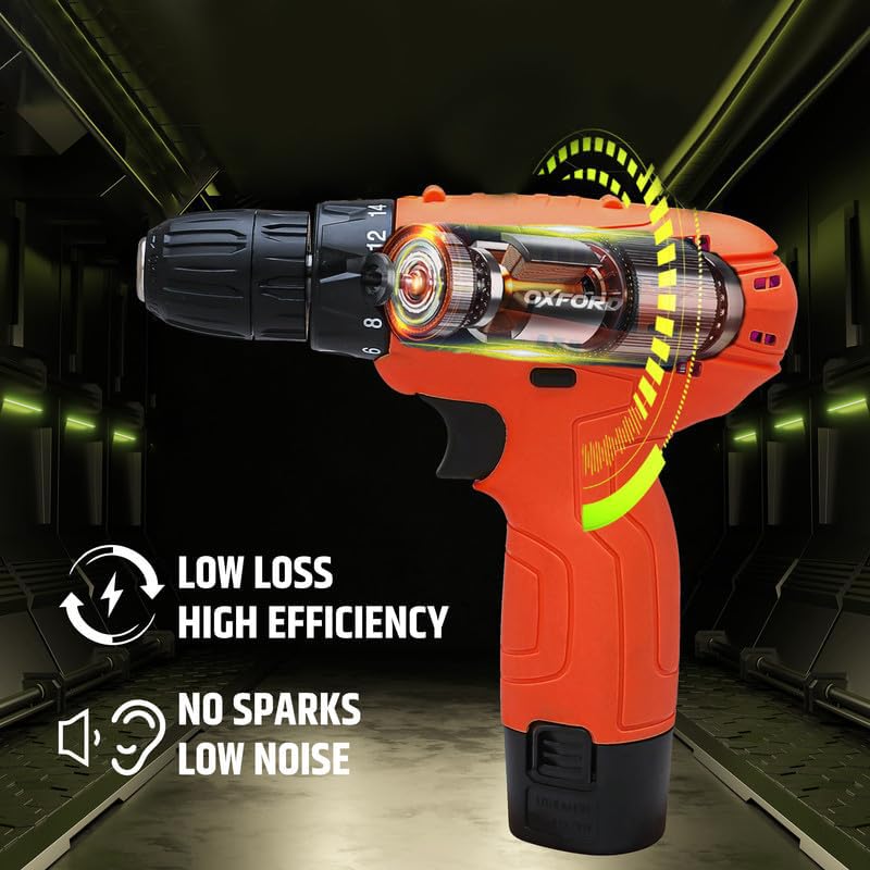 OXFORD O-3750 12V Cordless Drill/Screwdriver | 10mm Keyless Chuck, 600 RPM, 24 Nm Torque, 18+1 Settings | 1×1.5 Ah Battery, LED Light | Ideal for DIY, Wood, Metal & Plastic Drilling - Image 5
