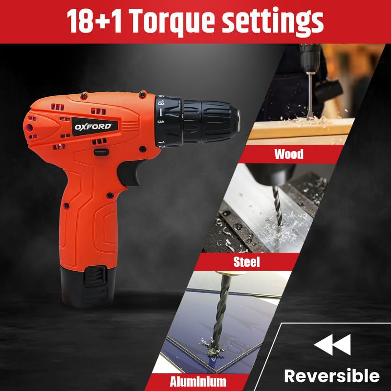 OXFORD O-3750 12V Cordless Drill/Screwdriver | 10mm Keyless Chuck, 600 RPM, 24 Nm Torque, 18+1 Settings | 1×1.5 Ah Battery, LED Light | Ideal for DIY, Wood, Metal & Plastic Drilling - Image 4