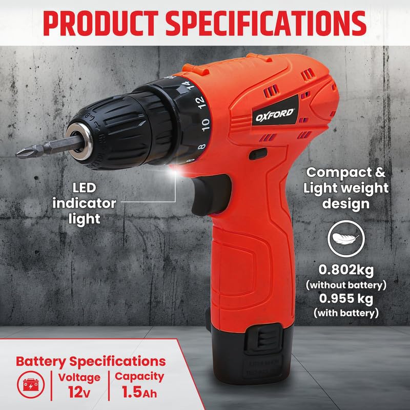 OXFORD O-3750 12V Cordless Drill/Screwdriver | 10mm Keyless Chuck, 600 RPM, 24 Nm Torque, 18+1 Settings | 1×1.5 Ah Battery, LED Light | Ideal for DIY, Wood, Metal & Plastic Drilling - Image 3