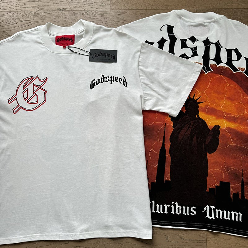 2025 Cross-border Summer New American Style Loose Street Retro T-shirt Fashion Brand Short-sleeved GODSPEED Digital Printing - Image 1