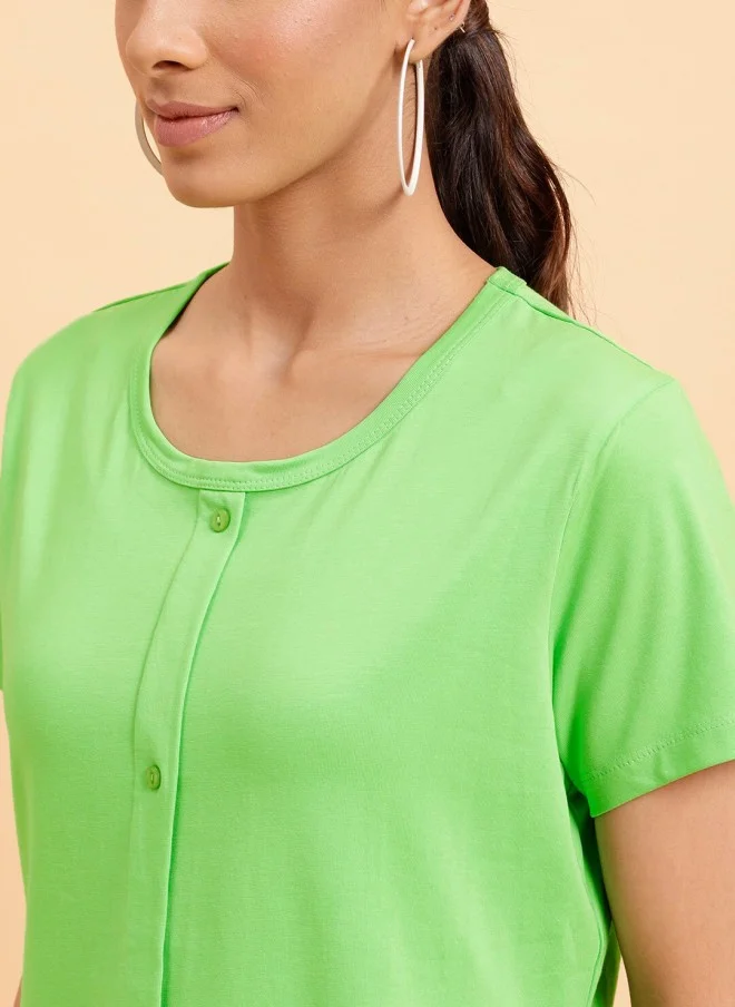 MINT STREET Green Pure Cotton Casual T-Shirt for Women