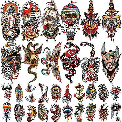 atydkug 77 Sheets Temporary Tattoo for Women and Men, 17 Sheets Half Arm Chest Shoulder Fake Tattoos, 60 sheets Tiny for Adults Vintage Multi Colored Mixed Style Waterproof Realistic Tattoos Long-Lasting - Image 1