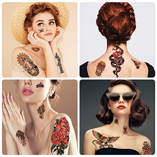 atydkug 77 Sheets Temporary Tattoo for Women and Men, 17 Sheets Half Arm Chest Shoulder Fake Tattoos, 60 sheets Tiny for Adults Vintage Multi Colored Mixed Style Waterproof Realistic Tattoos Long-Lasting - Image 4